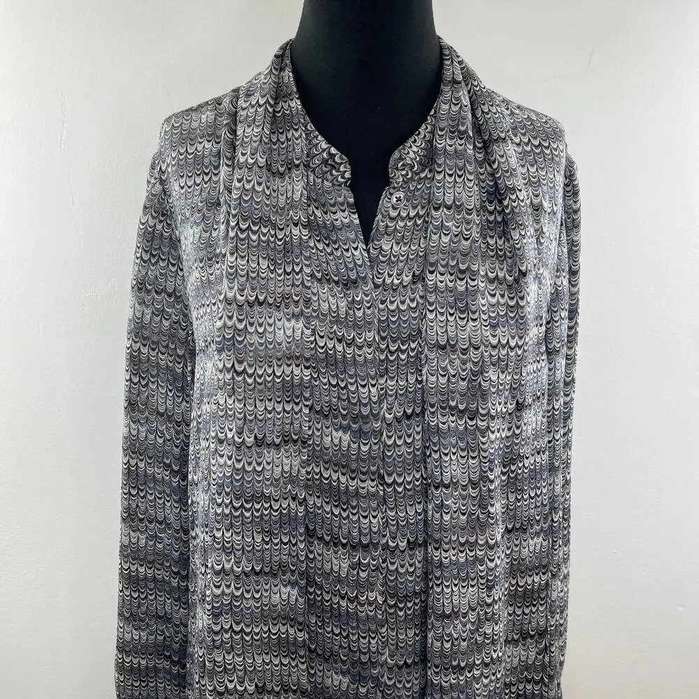 TORY BURCH Tie-Neck Gray Marble Print Silk Blouse Long Sleeves Relaxed Fit Sz M
